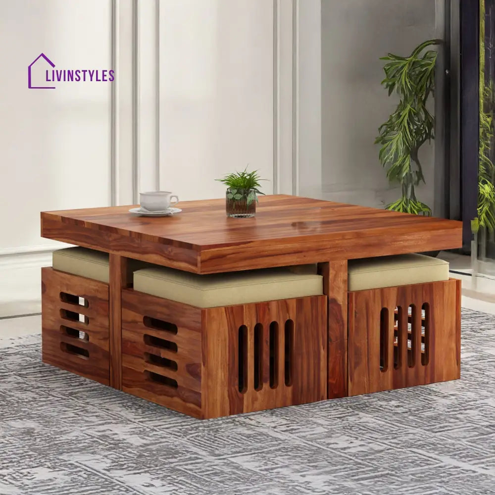 Savely Solid Wood Sheesham Coffee Table with 4 Seating Stools