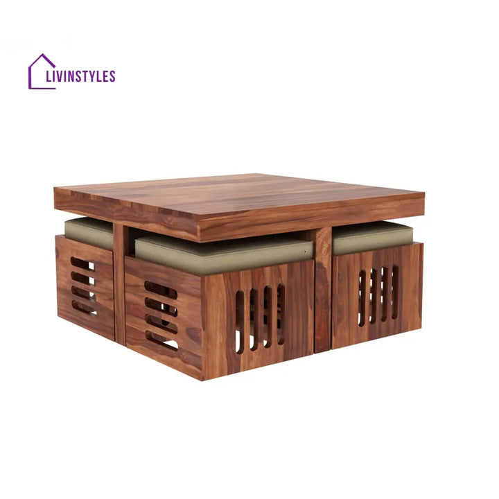 Savely Solid Wood Sheesham Coffee Table with 4 Seating Stools