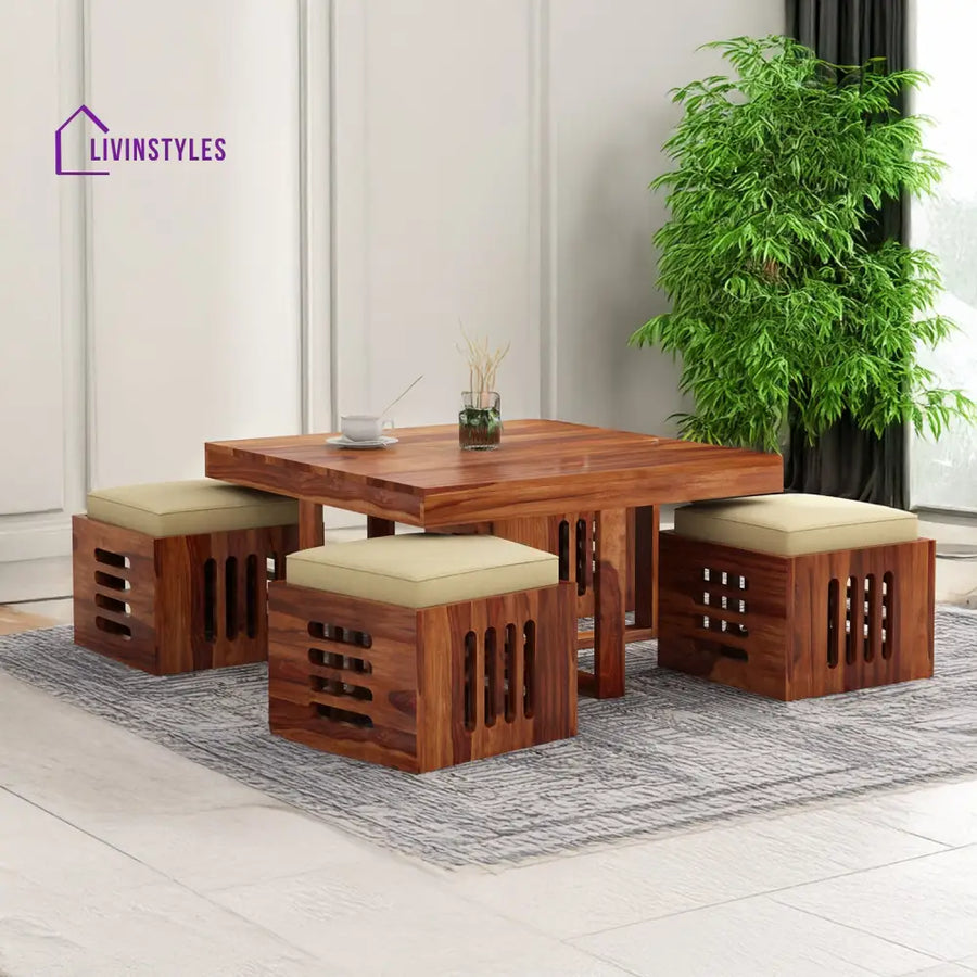 Savely Solid Wood Sheesham Coffee Table with 4 Seating Stools