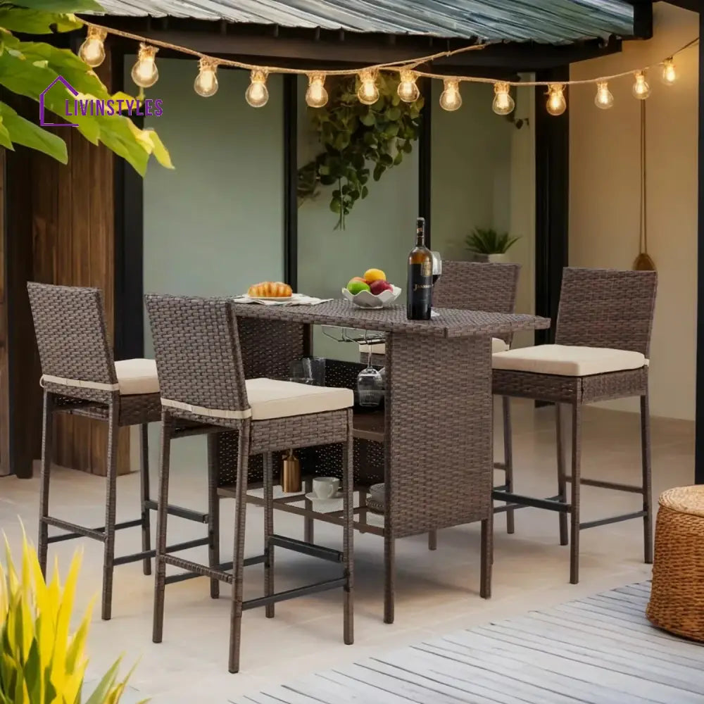 Sayaka 5-Piece Outdoor Rattan Wicker Bar Set with Wicker Top Table - Bar Set