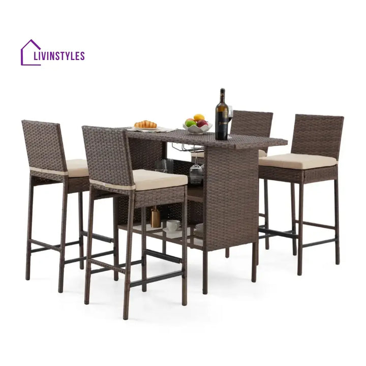 Sayaka 5-Piece Outdoor Rattan Wicker Bar Set with Wicker Top Table - Bar Set