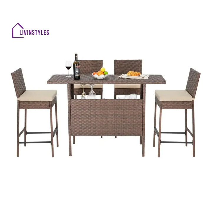 Sayaka 5-Piece Outdoor Rattan Wicker Bar Set with Wicker Top Table - Bar Set