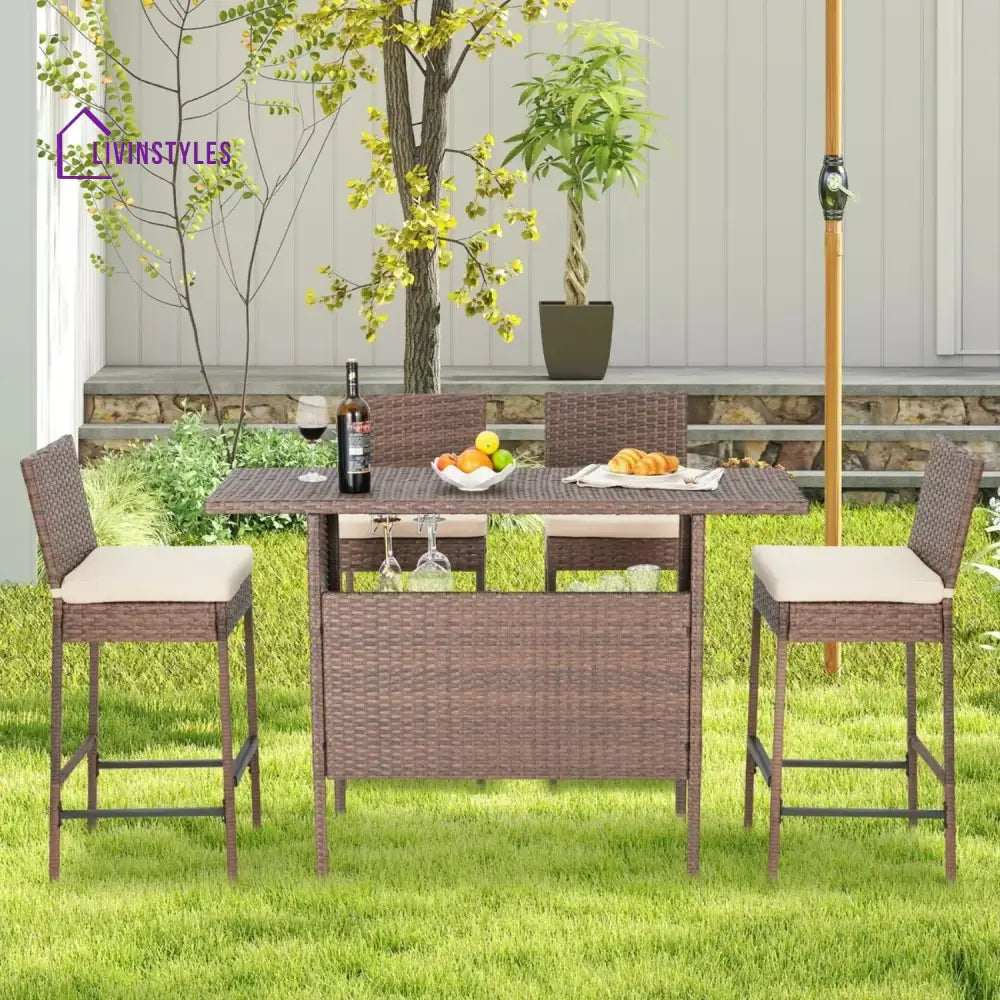 Sayaka 5-Piece Outdoor Rattan Wicker Bar Set with Wicker Top Table - Bar Set