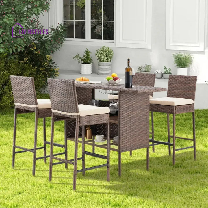 Sayaka 5-Piece Outdoor Rattan Wicker Bar Set with Wicker Top Table - Bar Set
