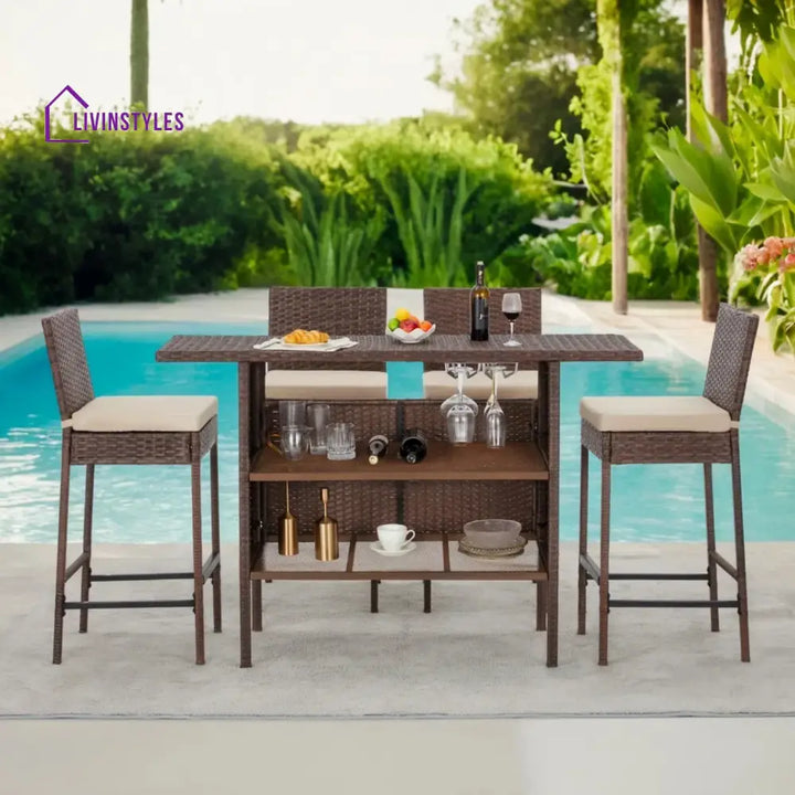 Sayaka 5-Piece Outdoor Rattan Wicker Bar Set with Wicker Top Table - Bar Set