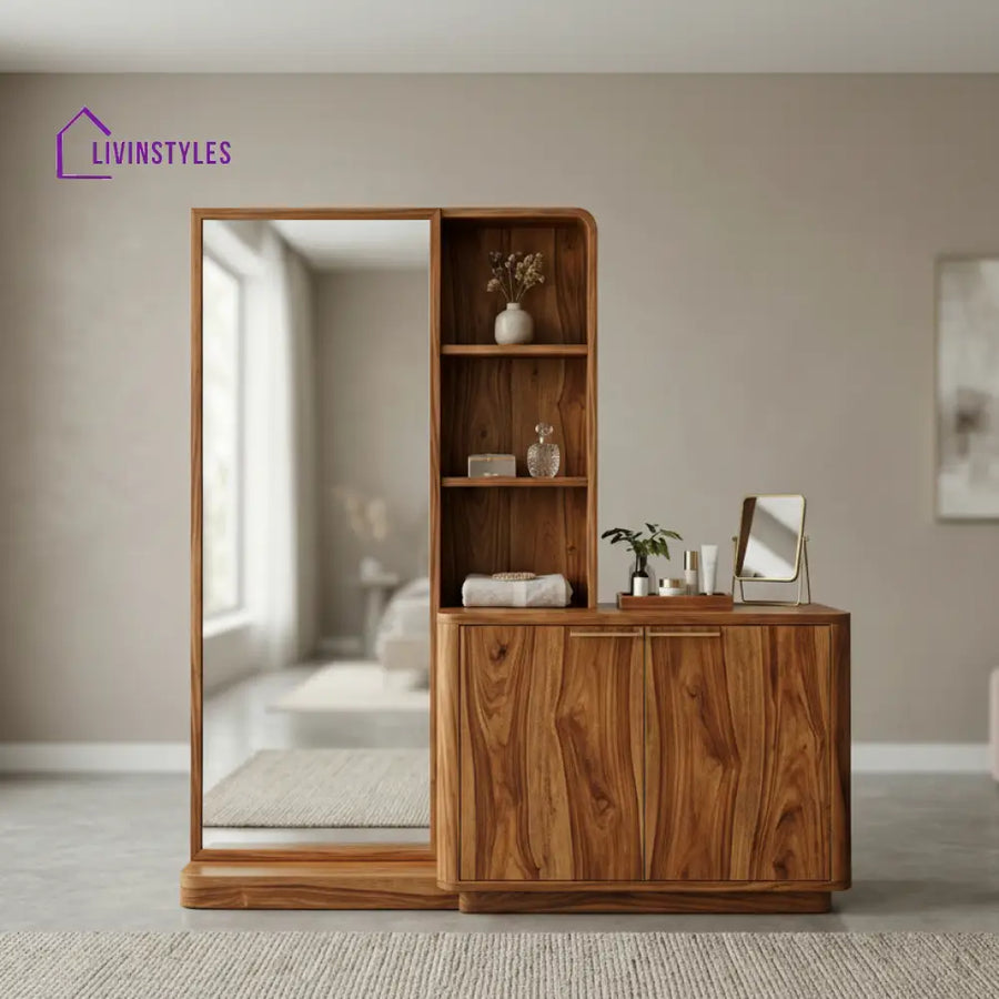 Scarlett Sheesham Wood Dressing Table with Mirror and Storage (Honey Finish)