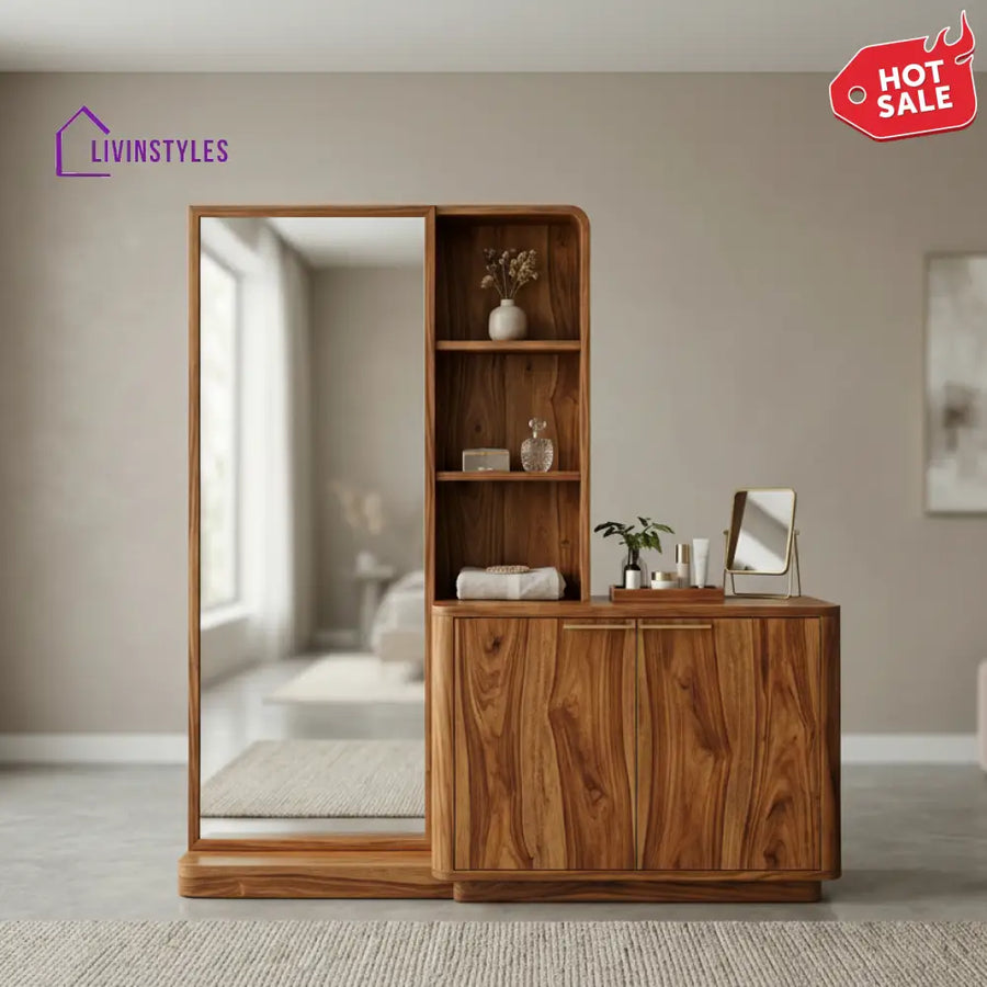 Scarlett Sheesham Wood Dressing Table with Mirror and Storage (Honey Finish)