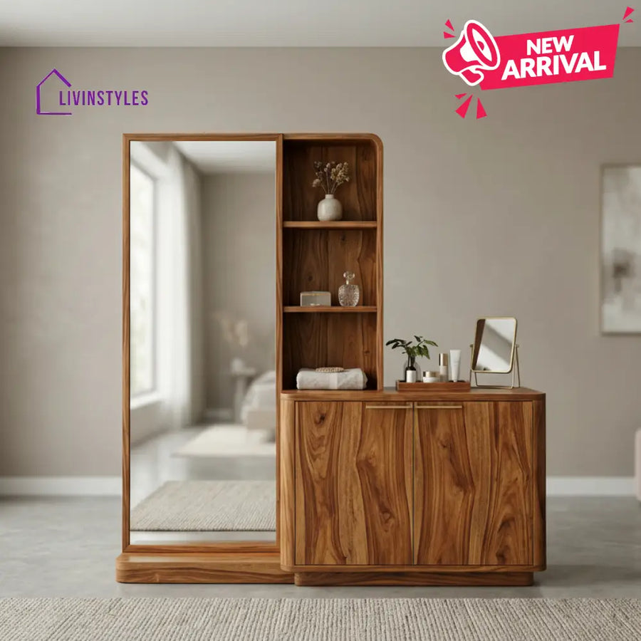Scarlett Sheesham Wood Dressing Table with Mirror and Storage (Honey Finish)