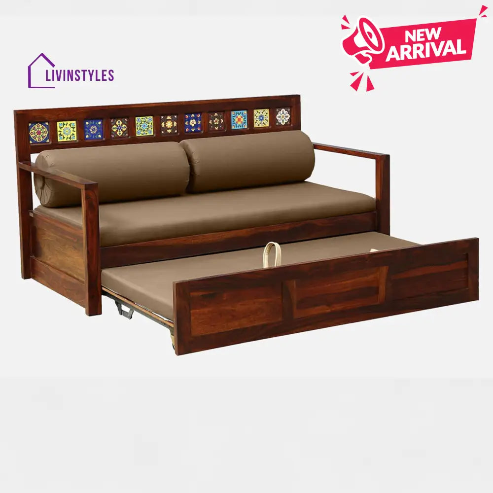 Siramika Sheesham Wood Pull Out Sofa Cum Bed In Honey Oak Finish