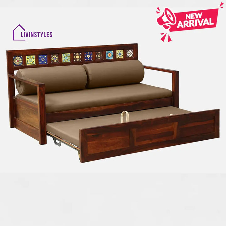 Siramika Sheesham Wood Pull Out Sofa Cum Bed In Honey Oak Finish