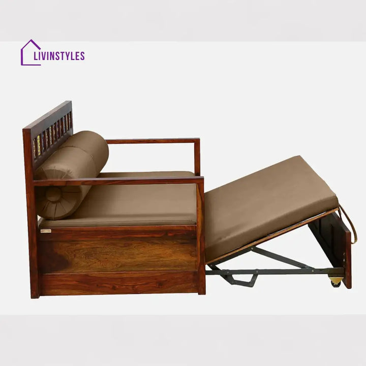 Siramika Sheesham Wood Pull Out Sofa Cum Bed In Honey Oak Finish