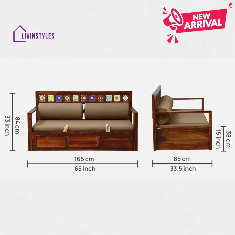 Siramika Sheesham Wood Pull Out Sofa Cum Bed In Honey Oak Finish