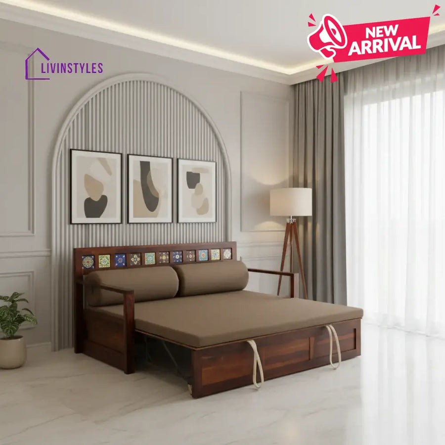 Siramika Sheesham Wood Pull Out Sofa Cum Bed In Honey Oak Finish