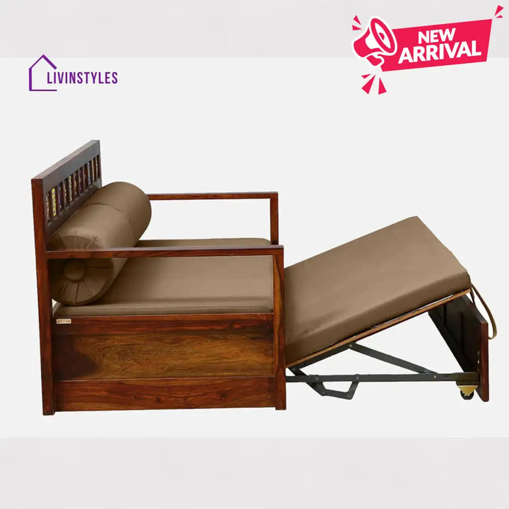 Siramika Sheesham Wood Pull Out Sofa Cum Bed In Honey Oak Finish