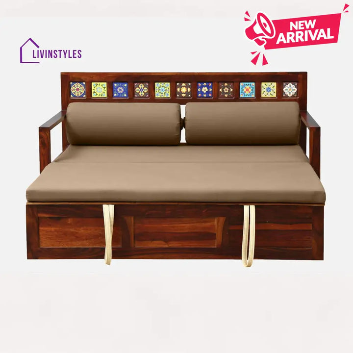 Siramika Sheesham Wood Pull Out Sofa Cum Bed In Honey Oak Finish