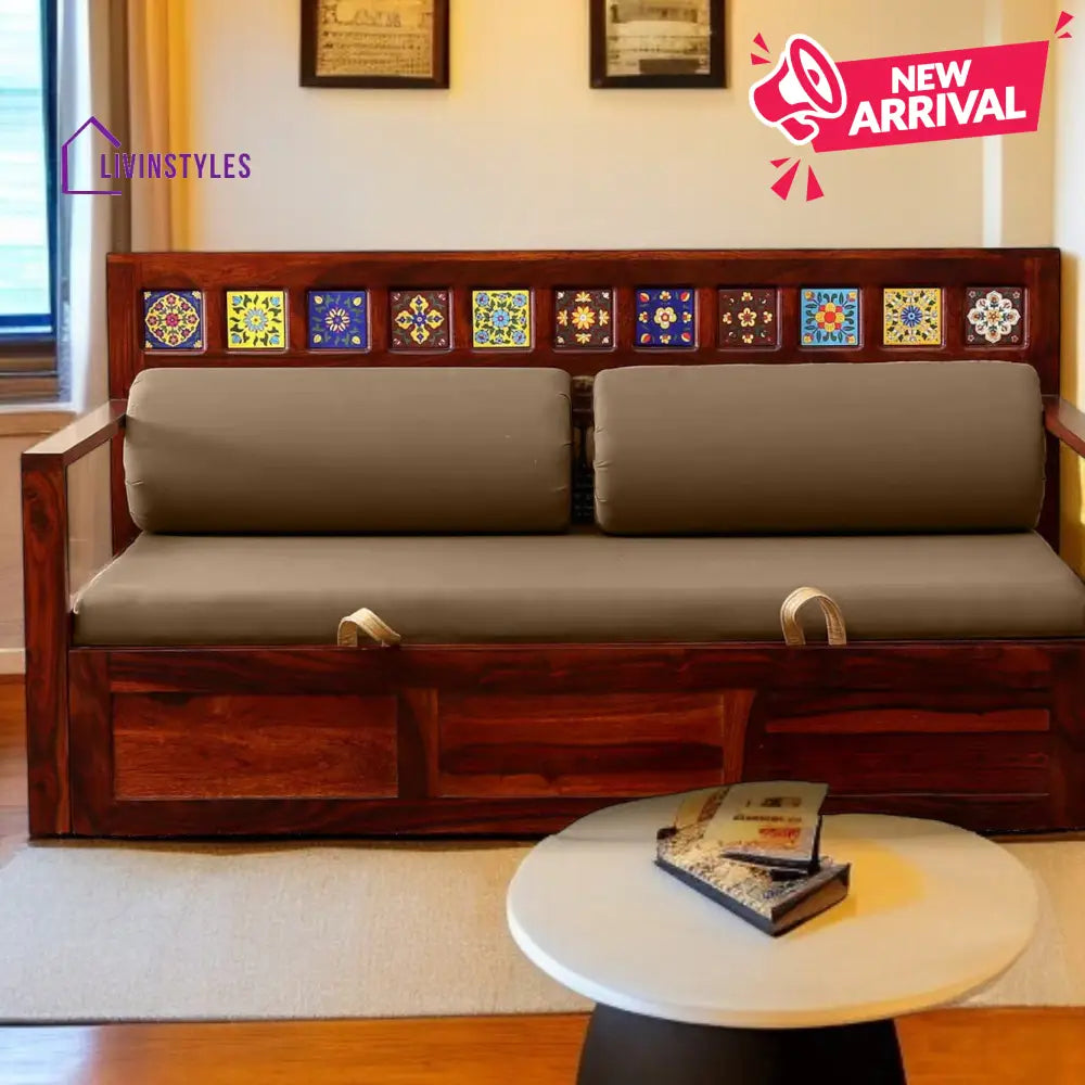 Siramika Sheesham Wood Pull Out Sofa Cum Bed In Honey Oak Finish
