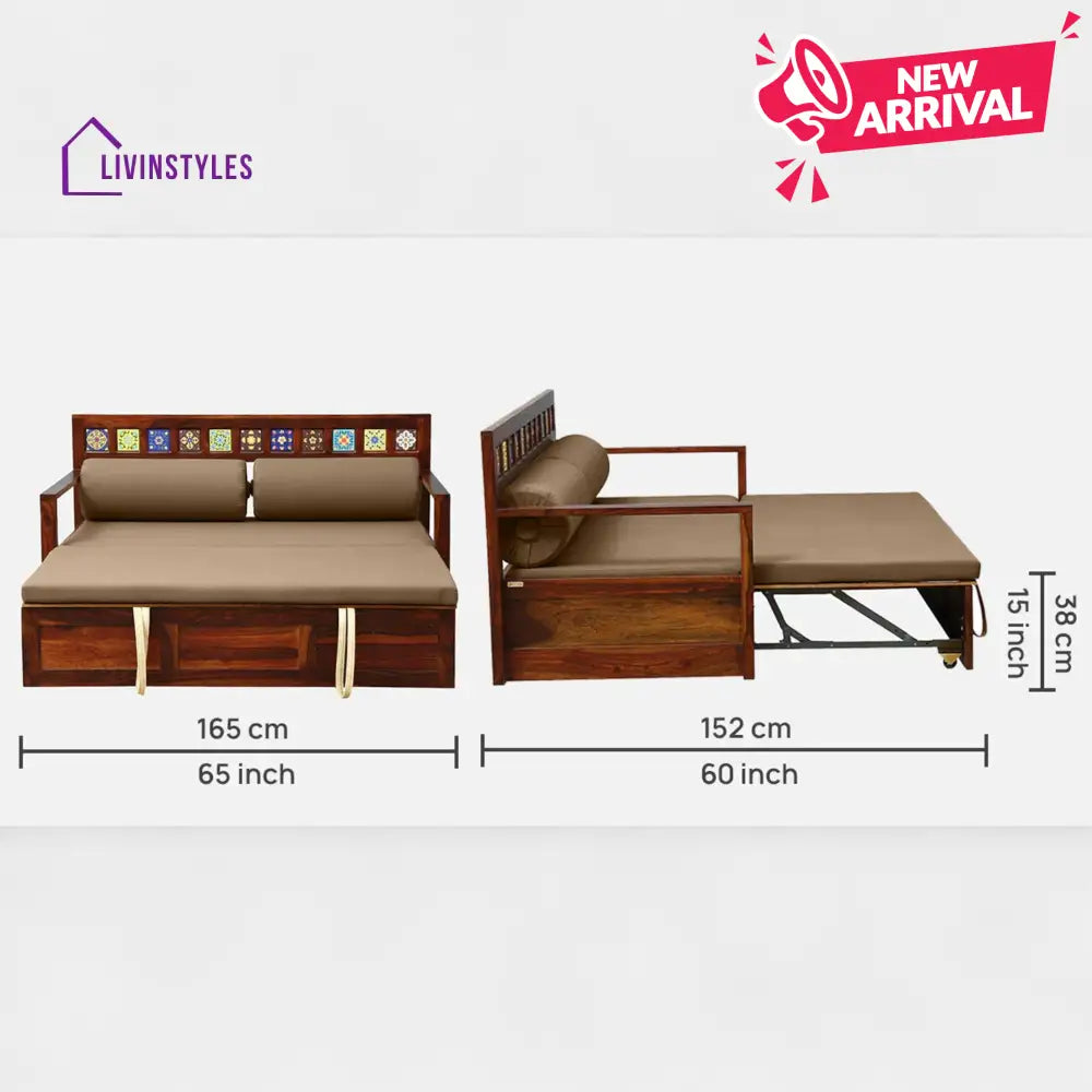Siramika Sheesham Wood Pull Out Sofa Cum Bed In Honey Oak Finish