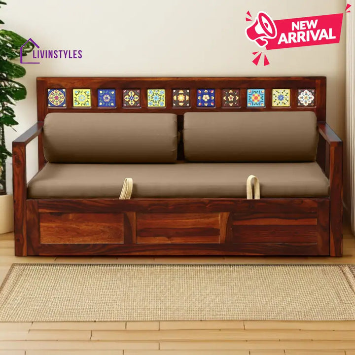 Siramika Sheesham Wood Pull Out Sofa Cum Bed In Honey Oak Finish