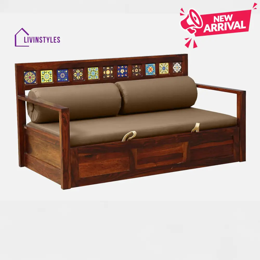 Siramika Sheesham Wood Pull Out Sofa Cum Bed In Honey Oak Finish