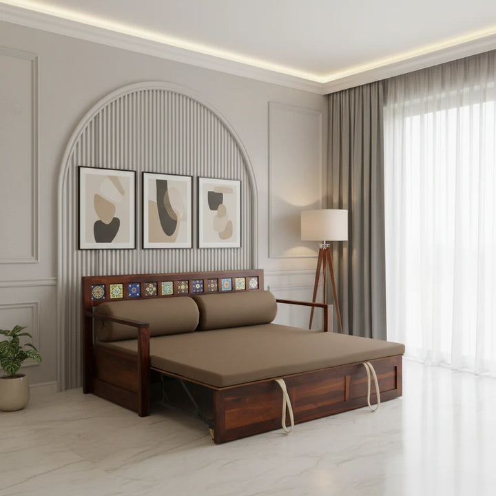 Siramika Sheesham Wood Pull Out Sofa Cum Bed In Honey Oak Finish