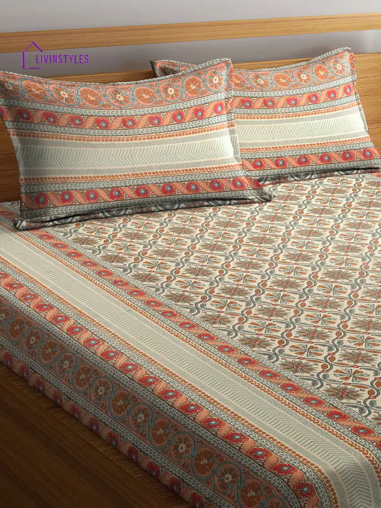 Screen Print Beige Color Floral Double Bedsheet With 2 Pillow Covers