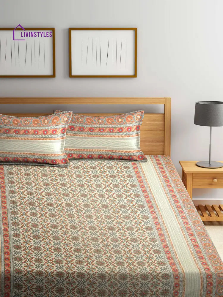 Screen Print Beige Color Floral Double Bedsheet With 2 Pillow Covers