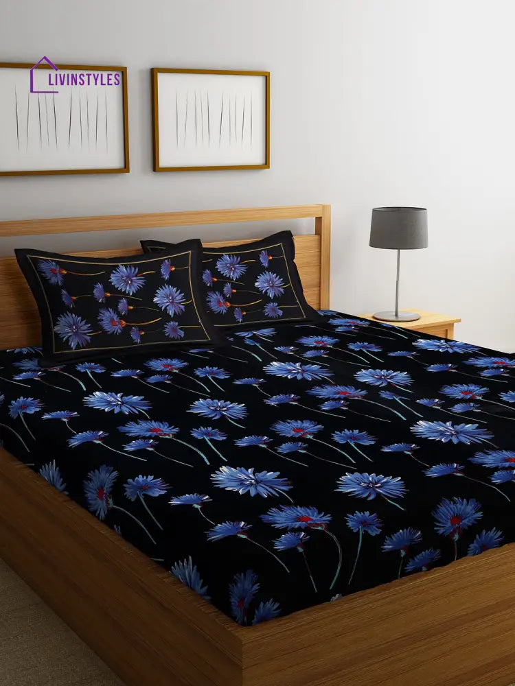 Screen Print Black Color And Blue Floral Cotton Double Bedsheet With 2 Pillow Covers