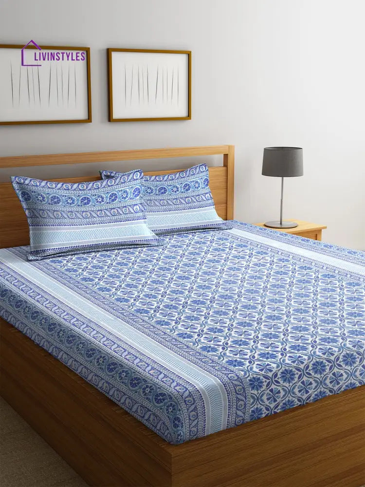 Screen Print Blue Color Floral Double Bedsheet With 2 Pillow Covers