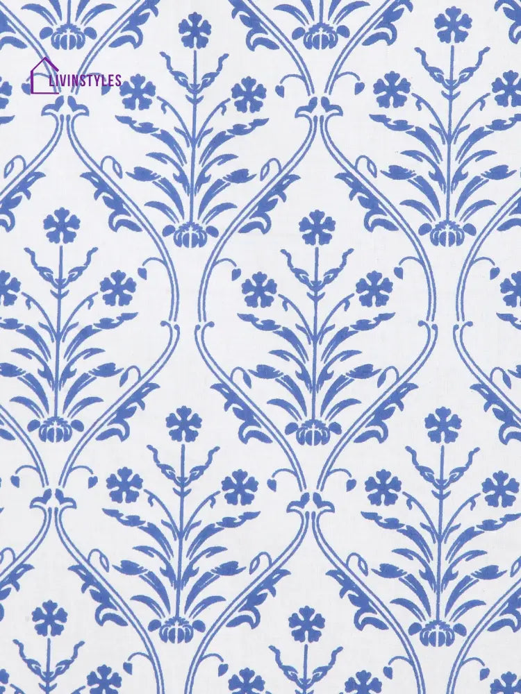 Screen Print Cotton White And Blue Floral Door Curtain Single Pc (51X85 Inch)