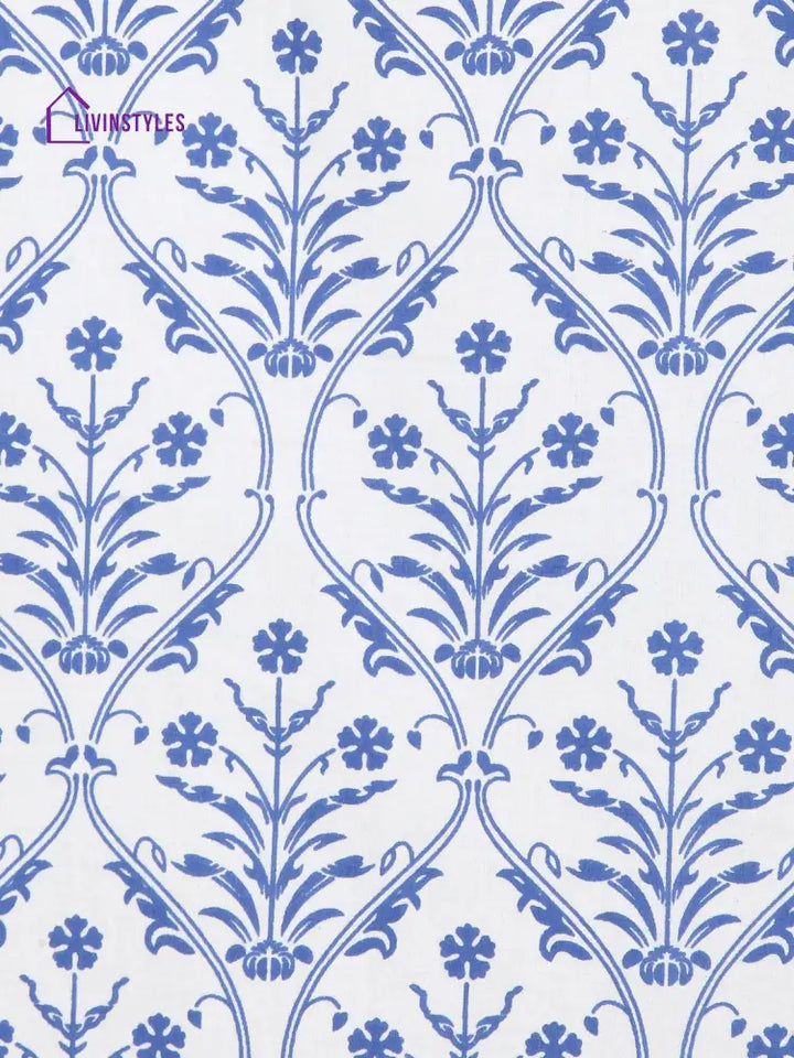 Screen Print Cotton White And Blue Floral Door Curtain Single Pc (51X85 Inch)