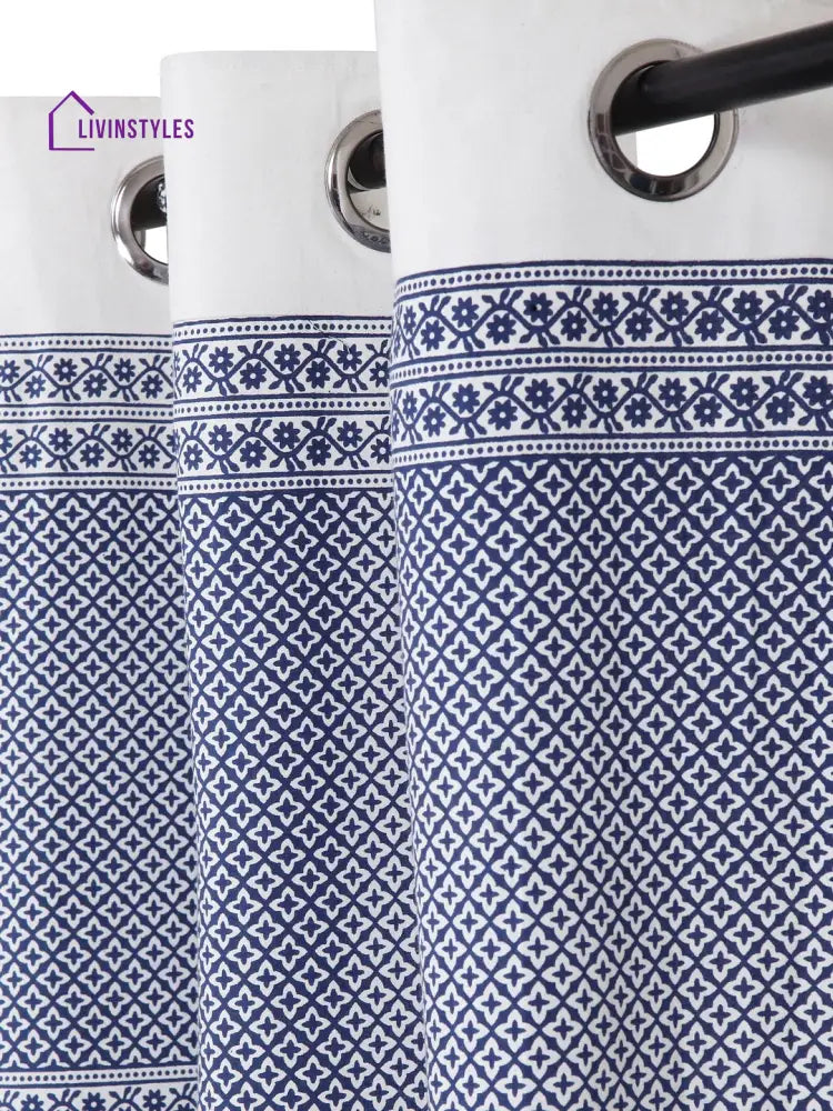 Screen Print Cotton White And Blue Floral Door Curtain Single Pc (51X85 Inch)