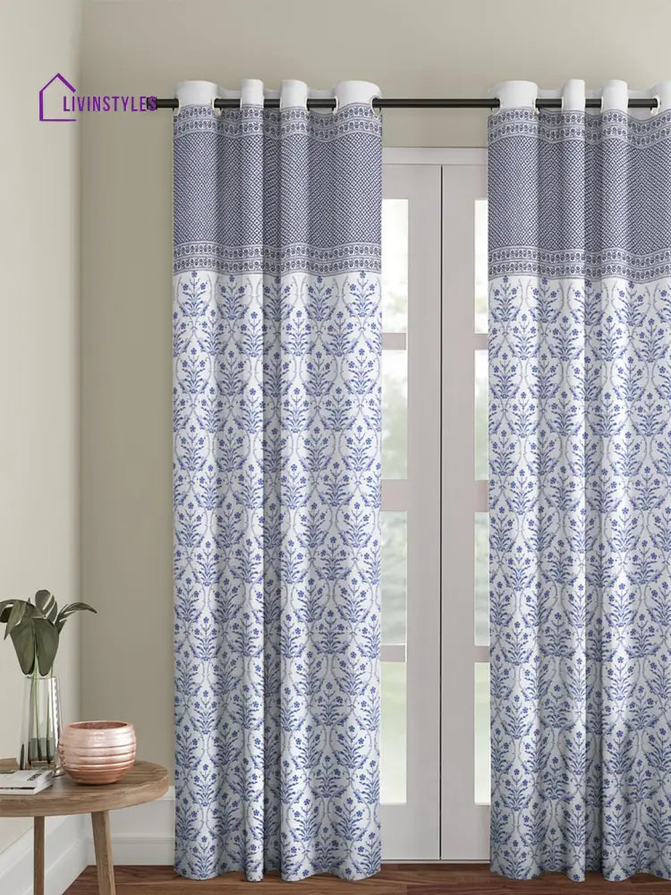 Screen Print Cotton White And Blue Floral Door Curtain Single Pc (51X85 Inch)