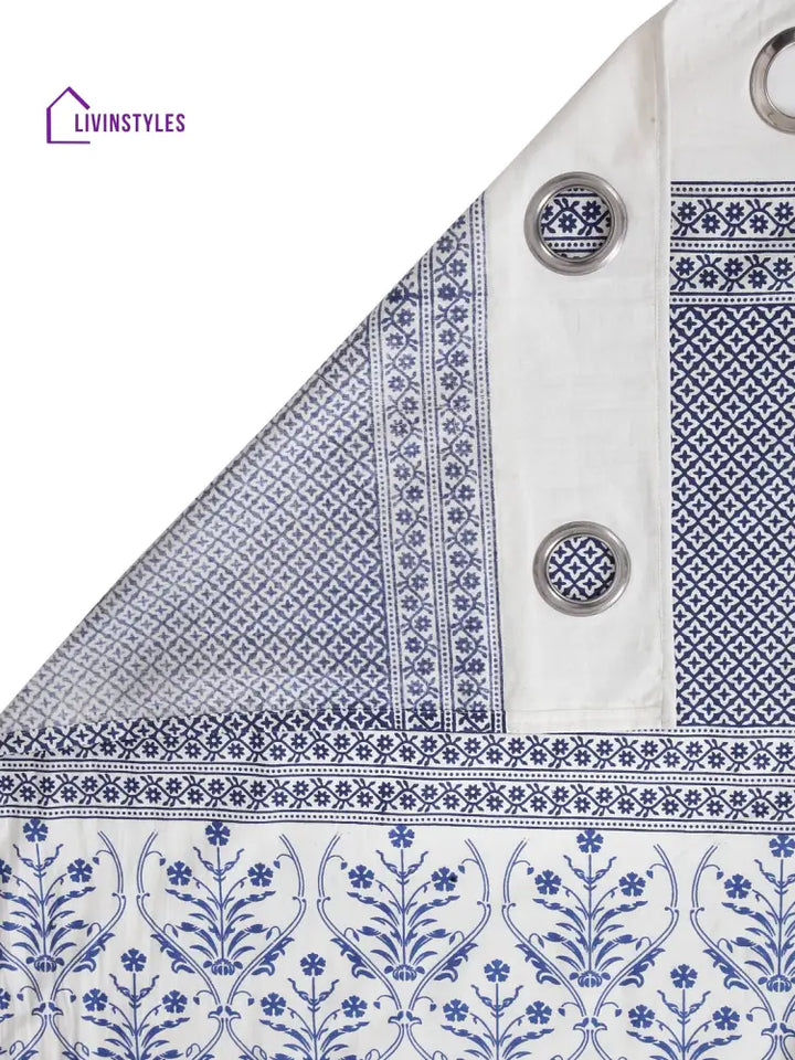 Screen Print Cotton White And Blue Floral Door Curtain Single Pc (51X85 Inch)