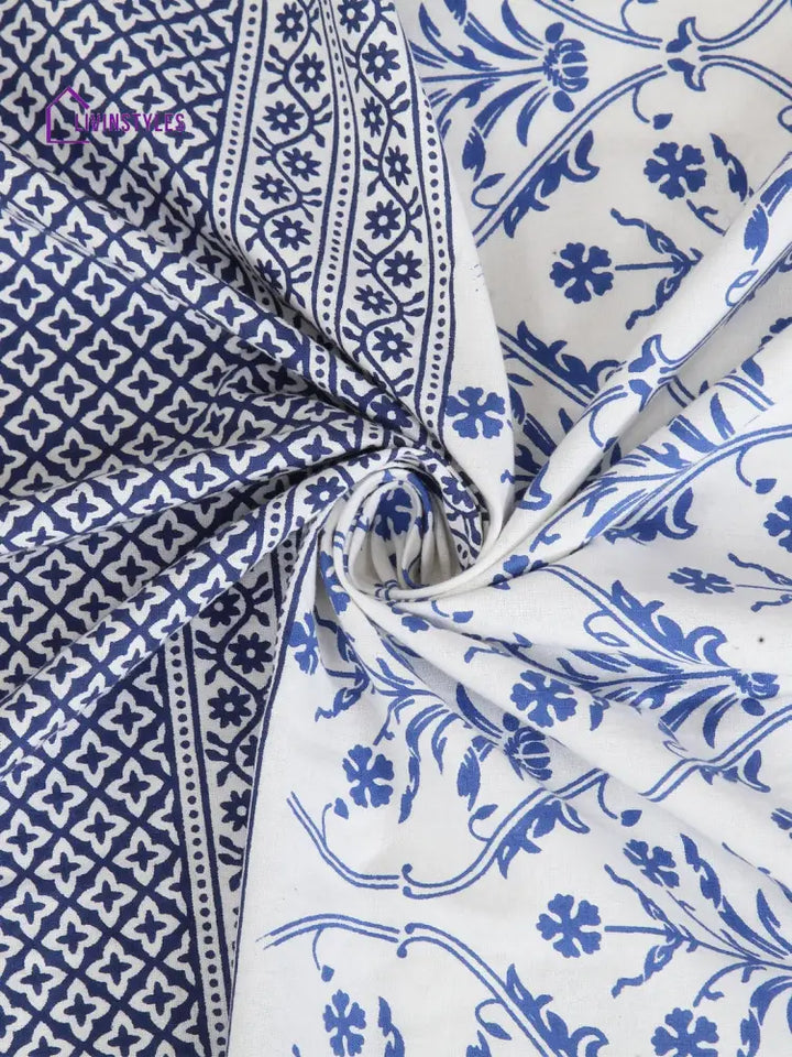 Screen Print Cotton White And Blue Floral Door Curtain Single Pc (51X85 Inch)