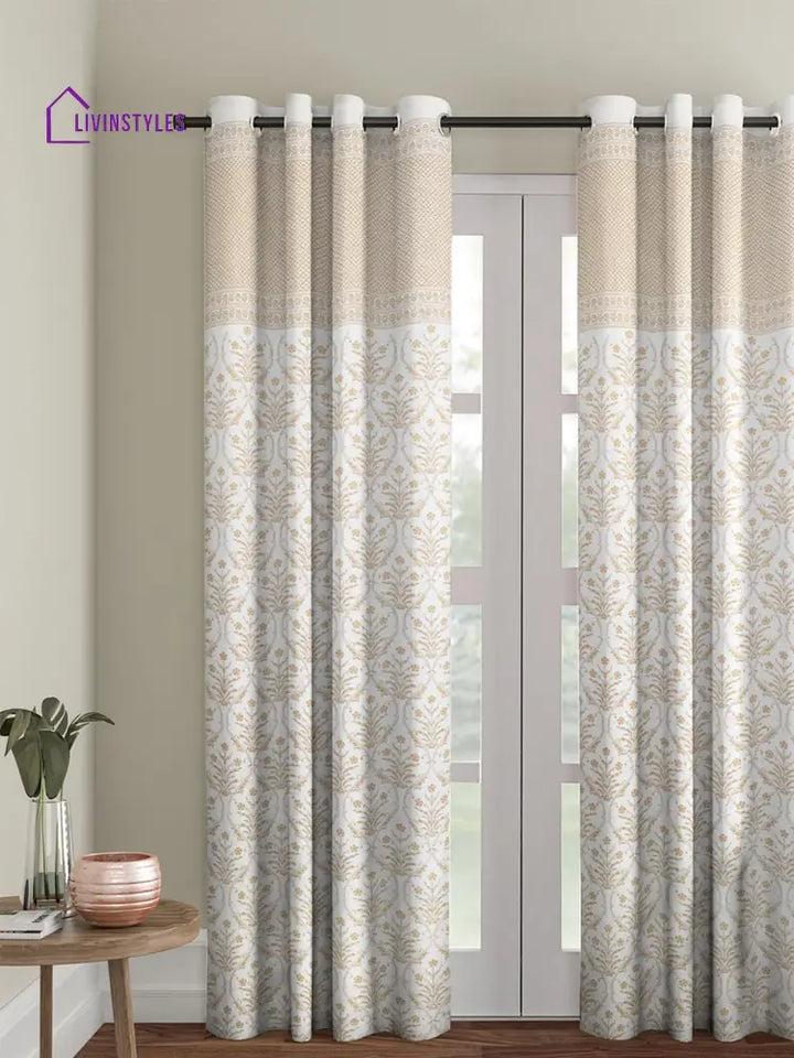 Screen Print Cotton White And Blue Floral Door Curtain Single Pc (51X85 Inch) Gold