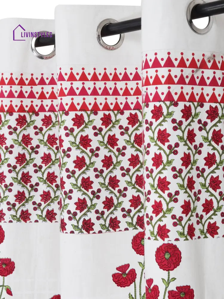 Screen Print Cotton White And Pink Floral Long Door Curtain Single Pc (51X108 Inch)
