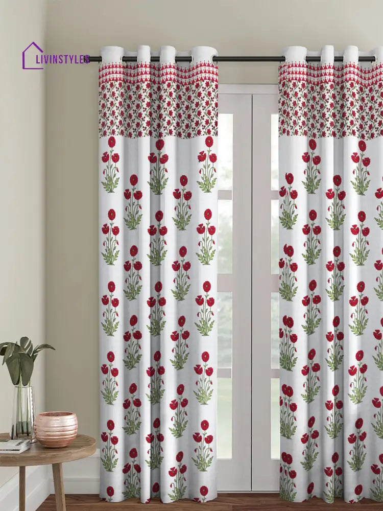 Screen Print Cotton White And Pink Floral Long Door Curtain Single Pc (51X108 Inch)