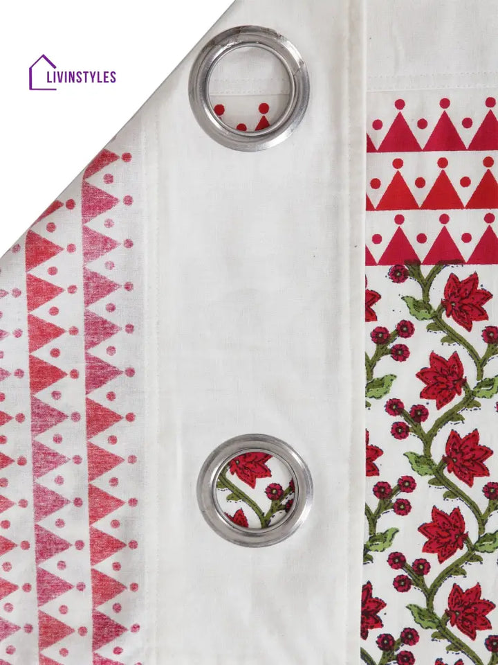 Screen Print Cotton White And Pink Floral Long Door Curtain Single Pc (51X108 Inch)