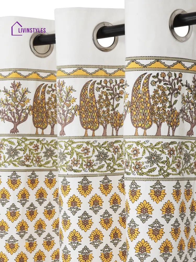 Screen Print Cotton White And Yellow Floral Door Curtain Single Pc (51X85 Inch)