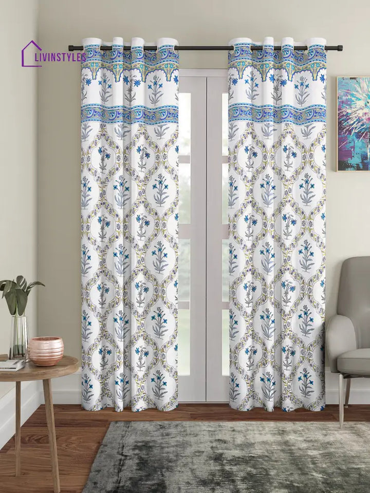 Screen Print Cotton White And Yellow Floral Door Curtain Single Pc (51X85 Inch)