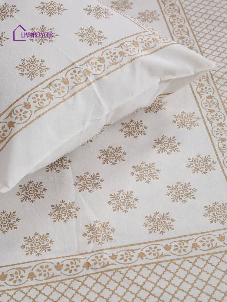 Screen Print Cotton White Color Double Bedsheet With 2 Pillow