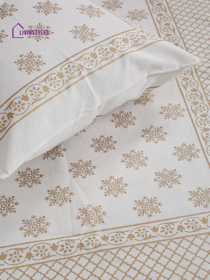 Screen Print Cotton White Color Double Bedsheet With 2 Pillow