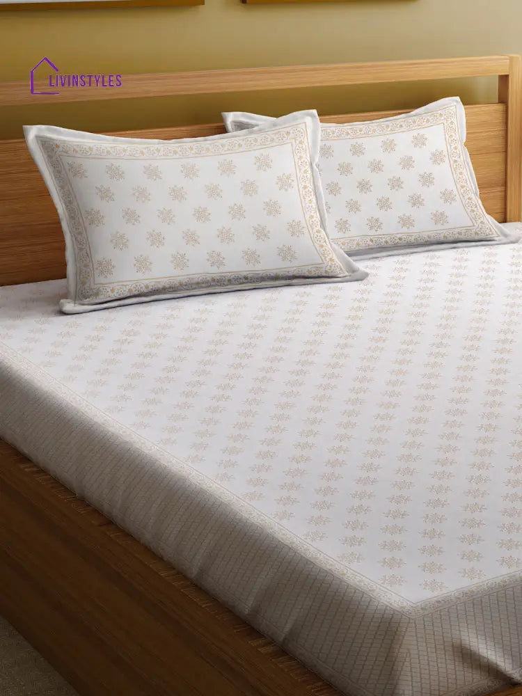 Screen Print Cotton White Color Double Bedsheet With 2 Pillow
