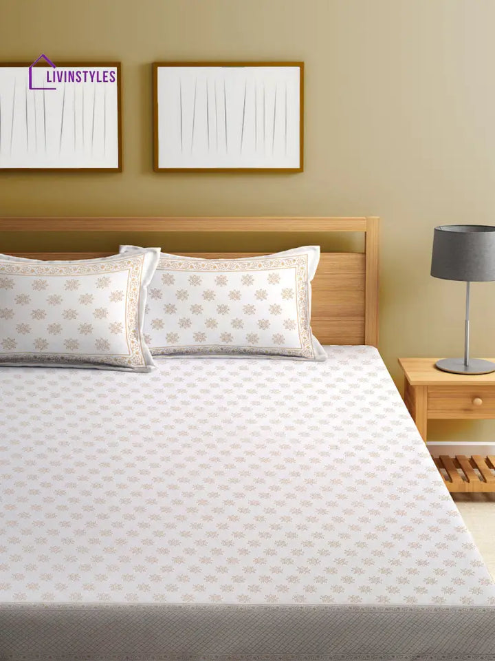 Screen Print Cotton White Color Double Bedsheet With 2 Pillow