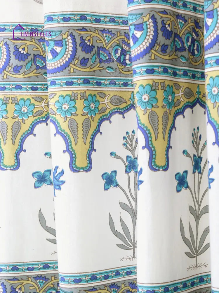 Screen Print Cotton White Floral Window Curtain Set Of 2 (51X62 Inch)