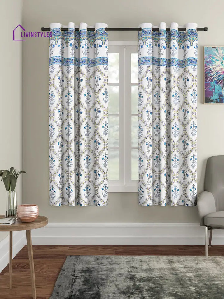 Screen Print Cotton White Floral Window Curtain Set Of 2 (51X62 Inch)