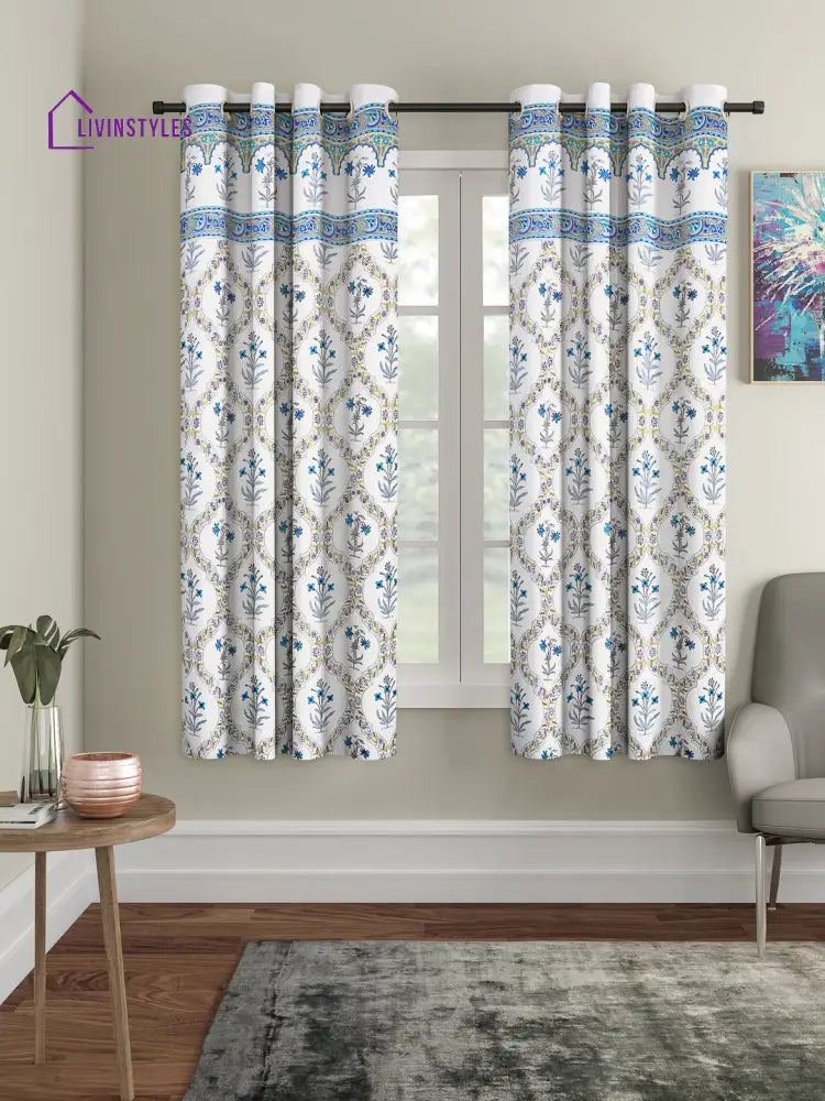 Screen Print Cotton White Floral Window Curtain Set Of 2 (51X62 Inch)