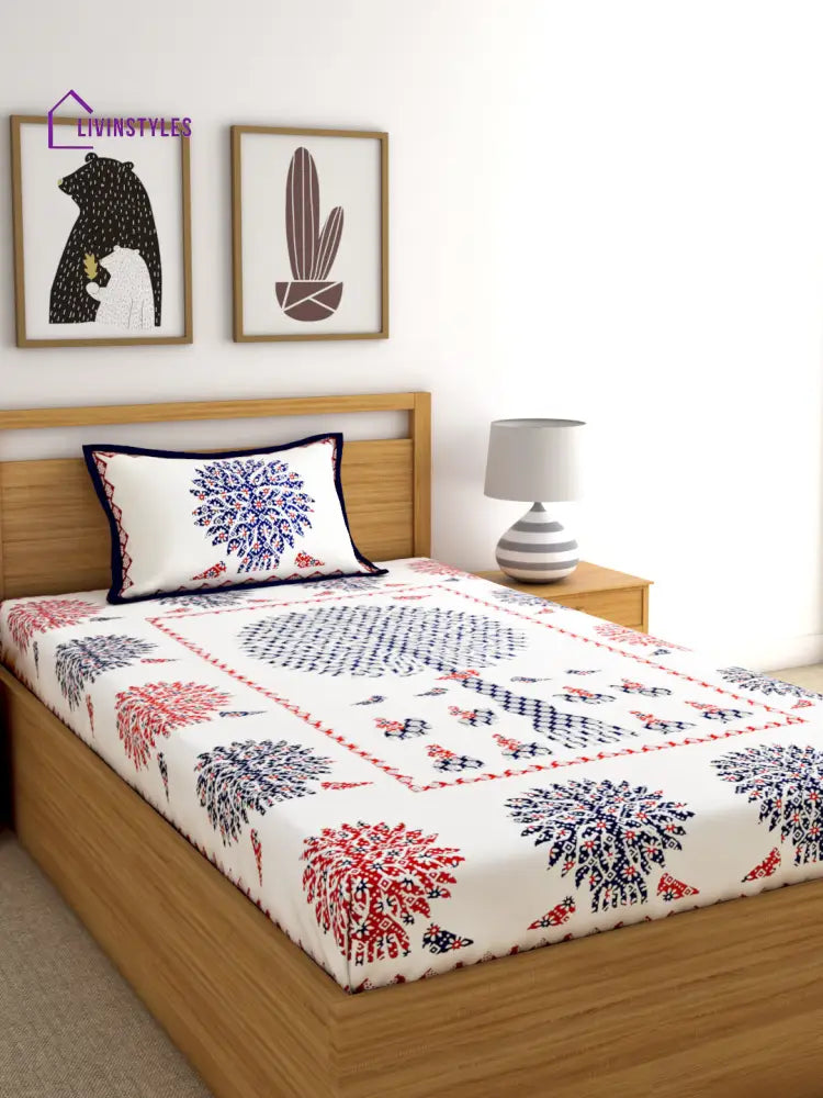 Screen Print Floral White Color Cotton Single Bed Sheet With 1 Pillow Cover
