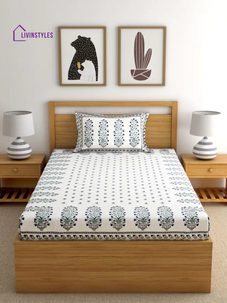 Screen Print Floral White Color Cotton Single Bedsheet With 1 Pillow Cover