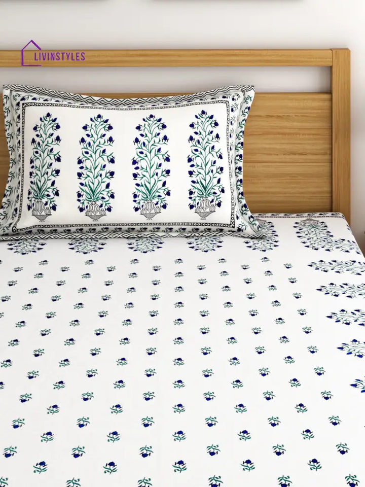 Screen Print Floral White Color Cotton Single Bedsheet With 1 Pillow Cover